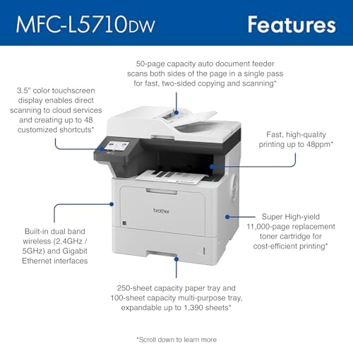 Brother MFC-L5710DW Business Monochrome Laser All-in-One Printer with Wireless Networking and Duplex Print, Scan, and Copy, Works with Alexa - Image 2