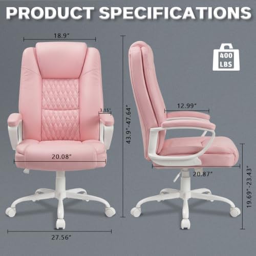 LEMBERI High Back PU Leather Executive Office Chair, Adjustable Swivel Computer Desk Chair with Padded Armrests for Home Office, Pink - Image 3