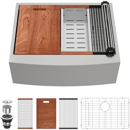 Lordear Farmhouse Sink 27 Inch Stainless Steel Farmhouse Kitchen Snk Apron Front Ledge Workstation 16 Gauge Stainless Steel Deep Single Bowl Kitchen Sinks by LORDEAR