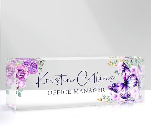 Custom Name Plate for Desk, Personalized Desk Name Plate on Clear Acrylic Glass, Appreciation Gifts for Teacher Employee Boss Coworkers Nurse, Office Desk Accessories for Women Men (Amethyst) by DOCRAGI