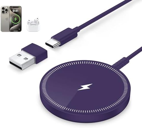 Bohuma Magnetic Wireless Charger for iPhone – 15W Fast Charging Pad with Dual Ports - Compatible with iPhone 12-17 & AirPods 4 3 2 Pro – Purple Sleek Aluminum Alloy Design for Home, Office & Travel by WirelessCharger