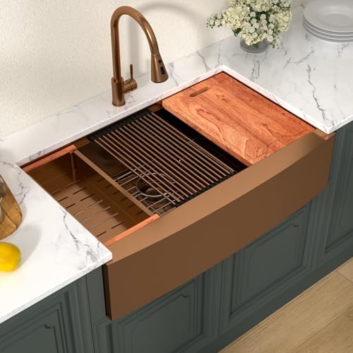 Lordear 36x21Inch Copper Tone Farmhouse Kitchen Sink Workstation SUS304 16-Gauge Stainless Steel Farmhouse Sink Apron Fron Farm Style Undermount Sinks, 36"x21"x10" - Image 2