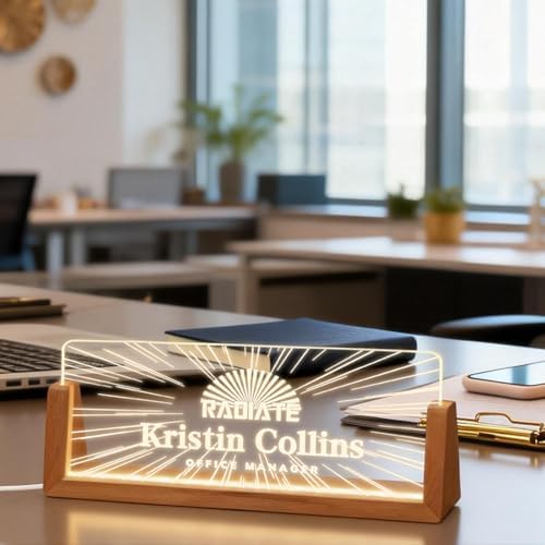 Personalized Light Up Acrylic Desk Name Plate - Custom Name Plate for Desk with Walnut Wood Base - Appreciation Office Gifts for Employees, Teacher, Social Worker (Sunrise) - Image 2