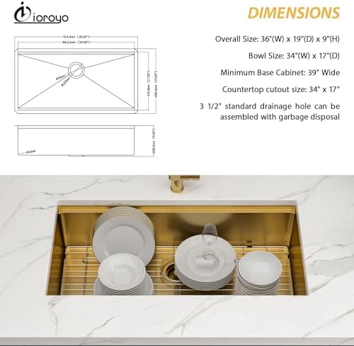 36x19 Gold Undemrount Workstation Kitchen Sink with Mixng Bowl - Image 6