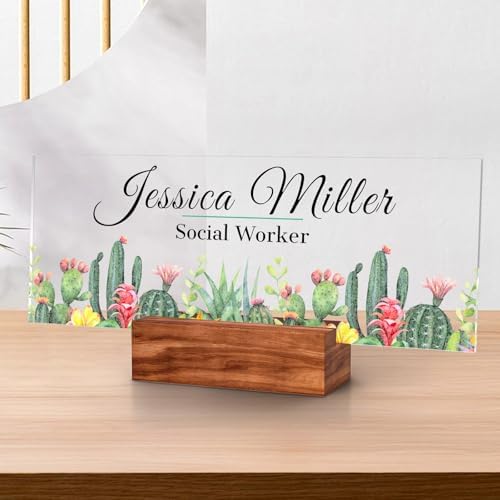 Personalized Acrylic Desk Name Plate with Walnut Wood Base by nyareka
