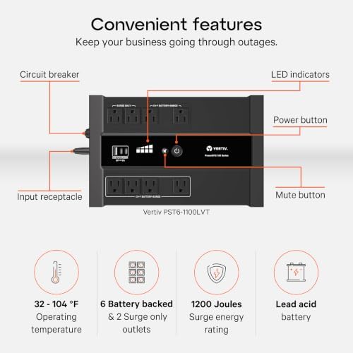 Vertiv Liebert PowerUPS 100 PST6-1100LVMT Battery Backup UPS 1100VA USB-C+A - Image 3