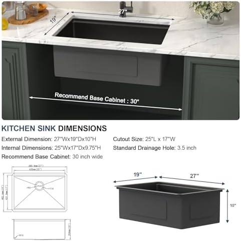 Lordear 27x19 Black Kitchen Sink - T304 16 Gauge Undermount Kitchen Sink Workstation Gunmetal Black Stainless Steel Single Bowl Handmade Round Corner 27x19x10 Inch - Image 6
