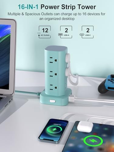 6FT Power Strip Tower Surge Protector, 12 Wide Spaced Outlets, 4 USB - Image 2