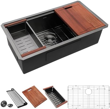 Lordear 32 Undermount Kitchen Sink 32X19 Inch Sinks Ledge Workstation Gunmetal Black 16 Gauge Stainless Steel Single Bowl Under Counter Kitchen Sink Basin with Built- in Accessories by LORDEAR