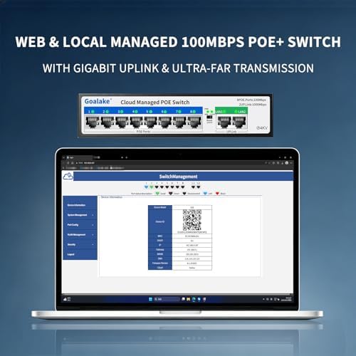 Goalake PoE Switch, 10 Ports Managed PoE Ethernet Switch (8*100M PoE Ports +2*1000M Uplinks), 120W Built in Power, 250m Extend Function, VLAN, QoS, Fanless Metal, Desktop/Wall Mount, Plug and Play - Image 2