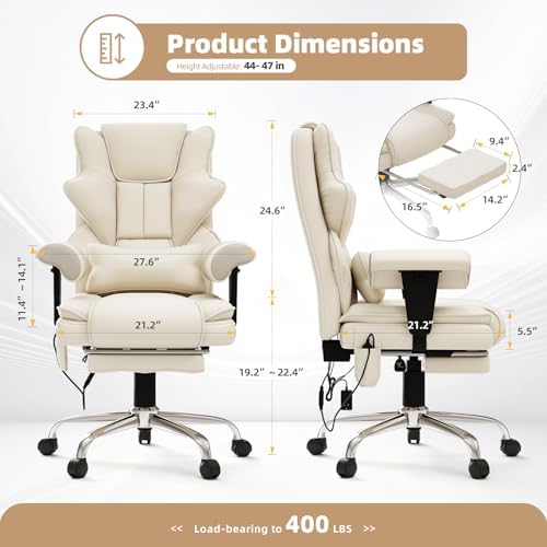 Executive 7-Point Massage Heated Office Chair with Footrest, Beige - Image 3