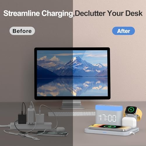 ANJANK Wireless Charging Station with Alarm Clock & Night Light,Magnetic 5 in 1 Charger Stand for Multiple-Device,Charging Dock for iPhone 17 16 15 14 13 12 Pro Max Plus,Apple Watch,Airpods,Nightstand - Image 7