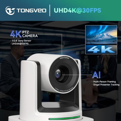 TONGVEO AI 4K PTZ Camera with Auto Tracking, 10X Optical Zoom Video Conferencing Camera, HDMI & USB 3.0 Plug and Play Webcam for Zoom, Teams, Church Worship, Live Streaming, Education - Image 6