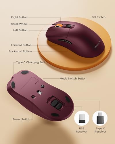 ProtoArc EM15 USB C Mouse, Tri-Mode Bluetooth Mice for Laptop, Wine Red - Image 5