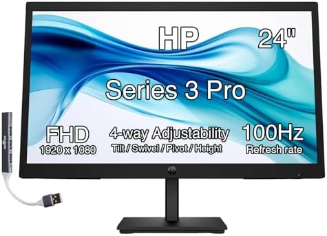HP Series 3 Pro 324pe 24" 100Hz FHD IPS Monitor with Adjustable Tilt/Swivel/Pivot/Height, Built-in Dual 2W Speakers, VESA Mount (100mm), VGA, Displayport, HDMI w/DKZ Hub, Black (B1GM5AA#ABA) by Dockztorm