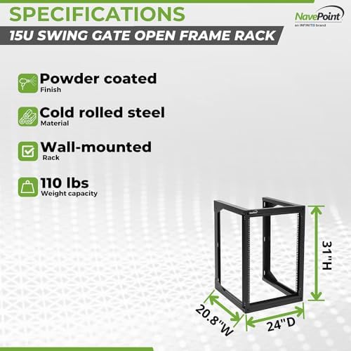 NavePoint 15U Server Rack with Swing Gate - Wall Mount Rack for 19 Inch IT Equipment Open Frame Rack – Network Rack Wall Mount for AV & Server Equipment 24” Deep 19" Rack, Black - Image 4