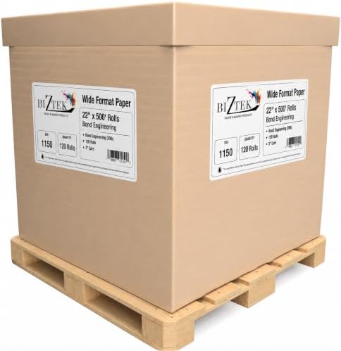 Wide Format Paper 22" x 500' Rolls Bond Engineering (20lb | 120 Rolls| 24 In x 500 Ft | 3" Core) by BIZTEK