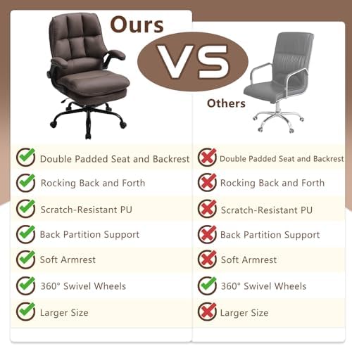 Comfy Office Chair Soft and Double Cushioned Ergonomic Computer Desk Chairs for Long Hours Executive Office Chair with Flip-up Armrests and Height Adjustment for Home Office Brown - Image 5