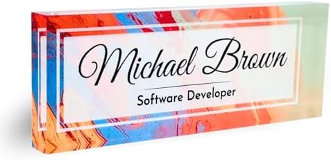 Customized Clear Acrylic Thick 8x3" Desk Name Plate Block with Personalized Logo - Professional Office Decor - Customized Acrylic Plate Gift for Teacher Co-workers (Colorful Paint) by ClickedCraft