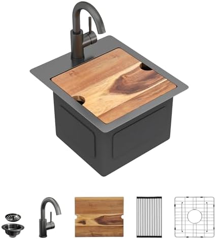 13"x15" Black Bar Prep Sink Drop In Workstation with Faucet Combo by FULORNI