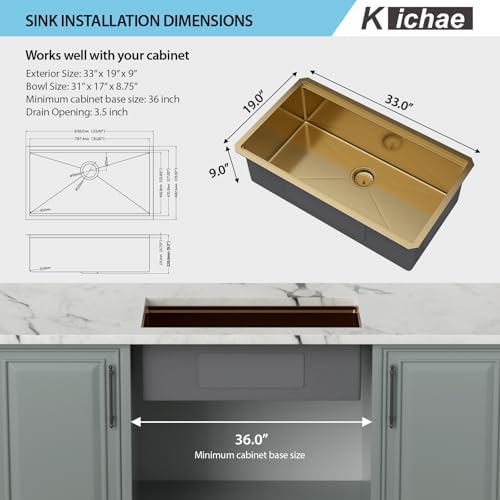 Kichae 33 Undermount Kitchen Sink Gold Stainless Steel 16 Gauge Workstation - Image 6