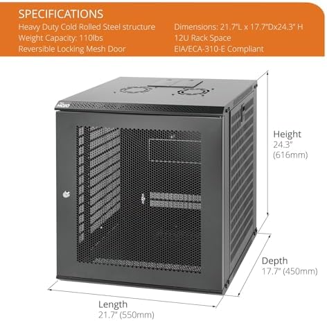 Tecmojo 12U Wall Mount Rack Network Cabinet for 19” IT Equipment,with Lockable Mesh Door and Removable Side Panels,Cooling Fan,Black,17.7inch Deep - Image 2