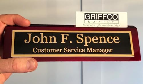 Personalized Desk Name Plate with Business Card Holder Slot, Metal Engraved (Rosewood w/Business Card Holder) - Image 3