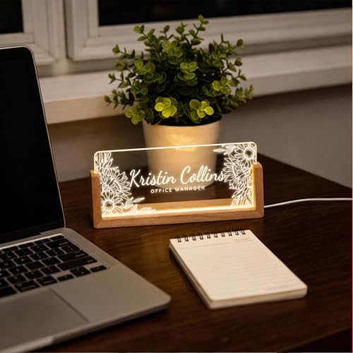 Personalized Light Up Acrylic Desk Name Plate - Custom Name Plate for Desk with Walnut Wood Base - Appreciation Office Gifts for Employees, Teacher, Social Worker (Sunflower) - Image 6
