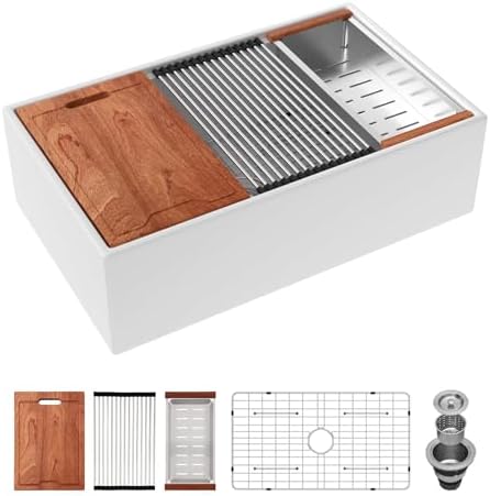 Lordear White Farmhouse Sink - 33 Inch Kitchen Sinks Workstation Apron Front Fireclay 33"x20" Porcelain Ceramic Single Bowl Farmer Sink Farm Sinks 33x20x10 Inch - Image 3