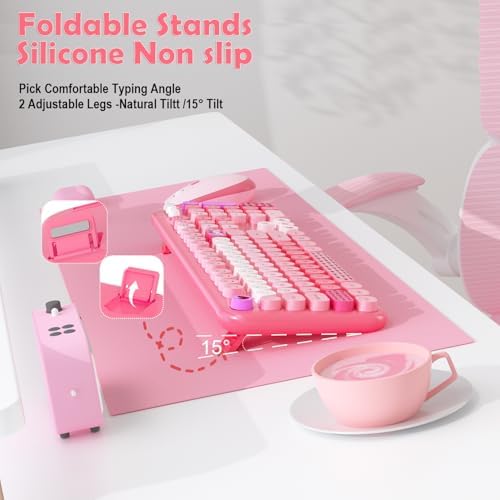 Wireless Keyboard and Mouse,MOFII 104 Round Keys Lovely Full-Size Cute Colorful Keyboard and Mouse with Retro Typewriter for PC/Mac/Laptop/Tablet/Computer/Windows Pink - Image 3