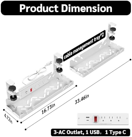 CABTE Under Desk Cable Management Tray with Power Outlet - Image 2