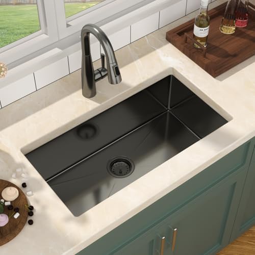 Mocoloo 30 Inch Gunmetal Black Undermount Kitchen Sink - 30" x 16" T304 Stainless Steel Handmade Single Bowl Round Corner Under Counter 9" Deep Basin - Image 3