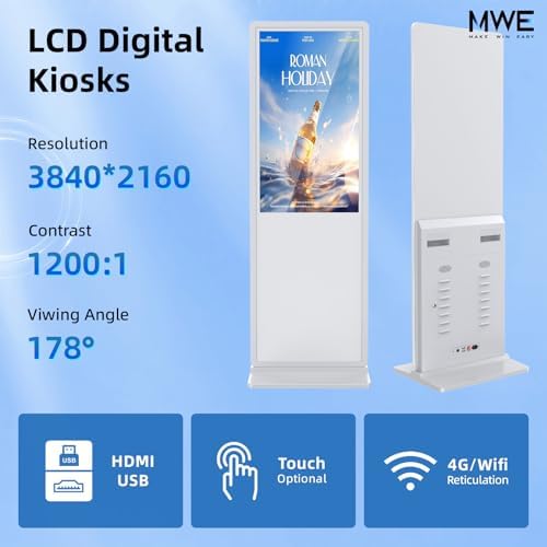 55 Inch 4K Touchscreen Digital Signage,Indoor Floor Standing Digital Kiosks & Interactive Displays,Commercial Advertising LCD Totem Android System Auto Media Player HDMI Input,Free Custom Logo,White - Image 4