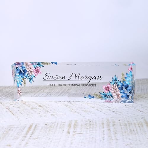 ARTBLOX Personalized Acrylic Teacher Desk Name Plate, Blue Leaf Design - Image 6