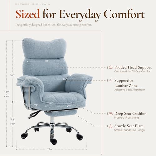 Dowinx Big and Tall Office Chair, Ergonomic Desk Chair with Thick Cushion, Wide Seat & Armrests Computer Gaming Chair,High Back Reclining Teddy Fleece Criss Cross Chair with Foot Rest, Blue - Image 2
