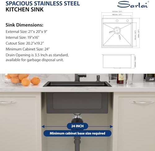 Sarlai Outdoor Kitchen Sink - 21 Inch Drop Bar RV Sink with Pull-out Faucet Drop In Workstation 21 x 20 Topmount Stainless Steel 16 Gauge Single Bowl Bar Prep Outdoor Sinks Basin - Image 7