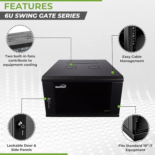 NavePoint 6U Server Cabinet with Hinged Back - 23.6” Deep, Server Rack Enclosure with Locking Glass Door, Wall Mount Rack with Removable Side Panels, Network Cabinet with 2 Fans, Pre-Assembled - Image 3