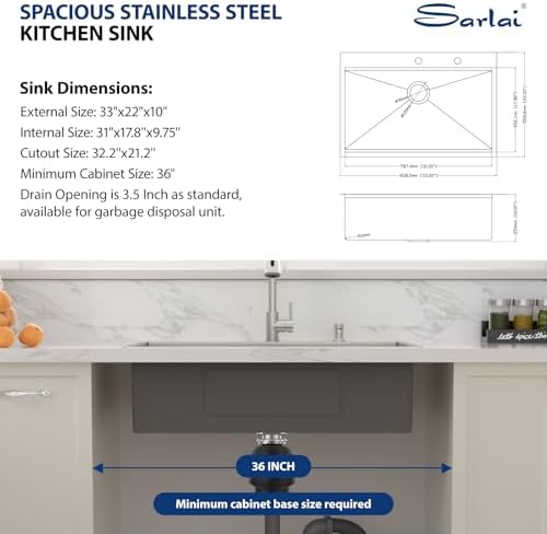Sarlai 33 Drop In Kitchen Sink with Faucet- 33x22 Inch Drop Kitchen Sink Ledge Workstation Sinks 16 Gauge Stainless Steel Single Bowl Topmount Sinks Basin with Pull-out Faucet - Image 5
