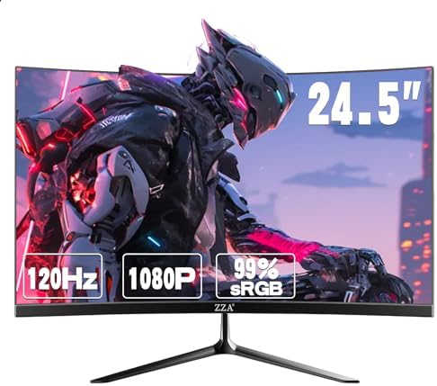ZZA 24.5 Inch FHD (1920x1080) 120Hz Curved Gaming Monitor, 3000R Curvature VA Panel, 1ms MPRT, AMD FreeSync, Ultra-Thin Bezel, Eye Care, for Esports,PC by ZZA