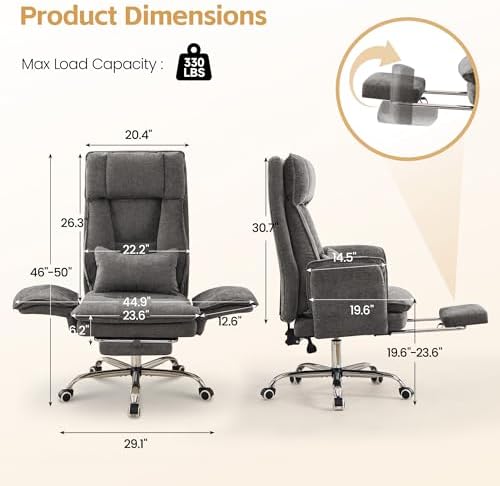 Big and Tall Office Chair, Footrest & Flip Armrest for Pets, Light Grey - Image 2