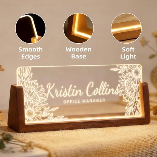 Personalized Light Up Acrylic Desk Name Plate - Custom Name Plate for Desk with Walnut Wood Base - Appreciation Office Gifts for Employees, Teacher, Social Worker (Sunflower) - Image 7