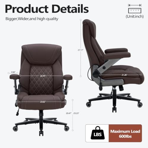 600lbs Big and Tall Office Chair with Lumbar Support 5 Way Adjustable Armrest Heavy Duty Ergonomic Office Chair Executive OfficeChair Extra Wide and Oversized (Brown) - Image 2