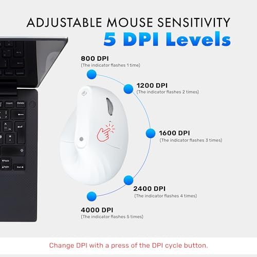 J-Tech Digital Wireless Mouse, Vertical Ergonomic Mouse with 2.4G Wireless & Bluetooth for 3 Multi-Device Function, Adjustable DPI Modes, Compatible with PC, Mac, Laptop - White - Image 5