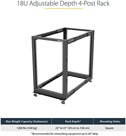 StarTech 18U 4-Post Server Rack, 19in Open Frame Rack with 40in (101cm) Mounting Depth and 1200lb (544kg) Weight Capacity, Mobile or Floor Mount IT Rack - Image 2
