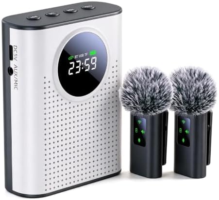 S67 Voice Amplifier Wireless Microphone Dual for Teachers Classroom Rechargeable, Mini Lavalier Lapel Mic, Portable Speaker PA System with LED Display for Class, Tour Guide, Coaches, White by ZERFUN