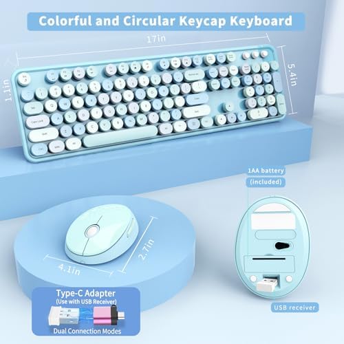 Wireless Keyboard and Mouse Combo, Ergonomic Full Size Typewriter Retro Round Keycaps Keyboard, Compatible with Windows, PC, Perfer for Home and Office Keyboards (Blue - Image 5
