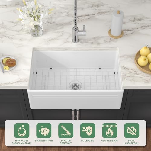 White Farmhouse Sink 33 Inch Fireclay Apron Front Farm Sinks Drop In Undermount Large Deep Farm Country Style Single Bowl Farm Sinks with Luxury Accessory, 33"x20"x10" - Image 3