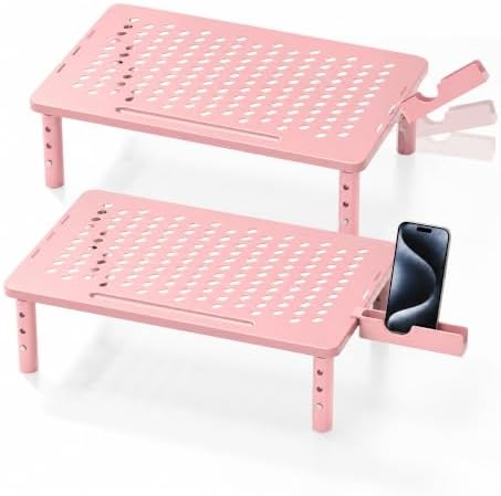 Computer Monitor Stand Riser for Desk, 3 Height Adjustable PC Laptop TV Desktop Monitor Stand Shelf, Metal Printer Table with Phone Holder, Stand Riser for Desk, Office Desk Organizers and Accessories, Pink 2 Pack by Canyora