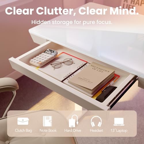 HUANUO Glass Standing Desk with Drawers, 35 X 20 Inch Electric Adjustable Height Desk, Quick Install One-Piece Tabletop with USB Charging Ports, White - Image 4