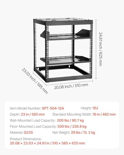 VEVOR 12U Open Frame Network Rack, 23 in Depth, Wall Mounted or Floor Standing Server Rack, Heavy Duty 4 Post, with Vented Shelves & Mounting Hardware, Holds All Your Networking IT Equipment AV Gear - Image 7